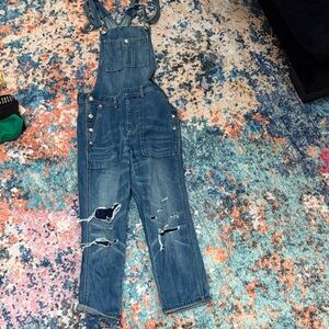 American Eagle Outfitters Distressed Denim Overalls in Medium Blue
